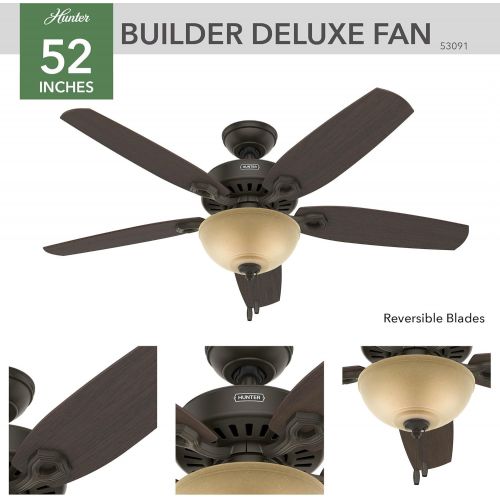  Hunter Fan Company 53091 Builder Deluxe Indoor Ceiling Fan with LED Light and Pull Chain Control, 52, New Bronze Finish