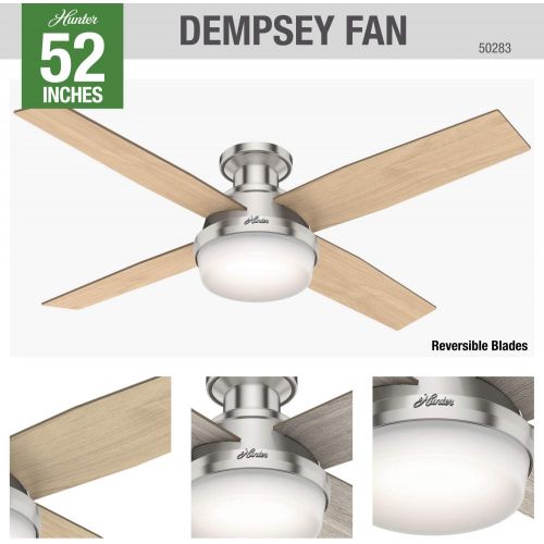  Hunter Fan Company 50283 Dempsey Indoor Low Profile Ceiling Fan with LED Light and Remote Control, 52, Brushed Nickel Finish