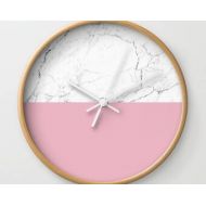 HuntleighCo Blush Wall Clock White Marble Clock Blush Pink White Marble Print Clock Modern Office Wall Clock Silent Quartz Clock Girls Office Gift