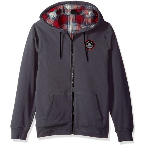  Hurley Mens Flannel Lined Zip Up Two Layer Hoodie with Patch Detail