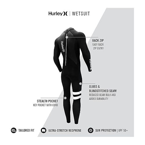  Hurley Mens Wetsuit - Fusion 302 3/2MM Long Sleeve Full Wetsuit with Back Zip - Glued and Blindstitched Neoprene Full Body Wet Suit for Men