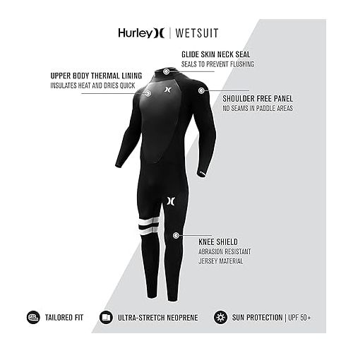  Hurley Mens Wetsuit - Fusion 302 3/2MM Long Sleeve Full Wetsuit with Back Zip - Glued and Blindstitched Neoprene Full Body Wet Suit for Men