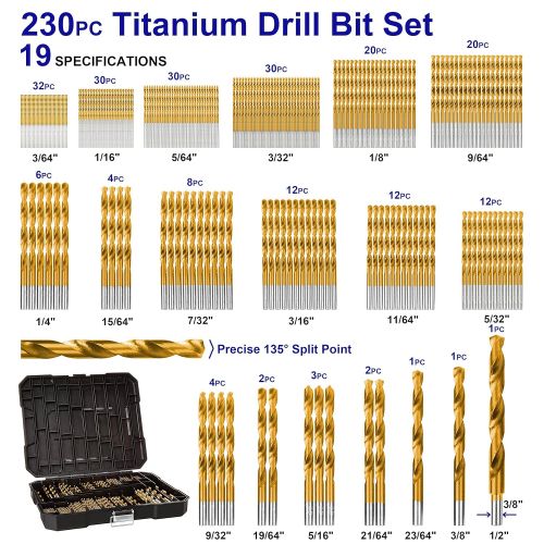  Hurricane 230 Pieces Titanium Twist Drill Bit Set, 135° Tip High Speed Steel, Size from 3/64 up to 1/2, Ideal Drilling in Wood/Cast Iron/Aluminum Alloy/Plastic/Fiberglass, with Hard Storage