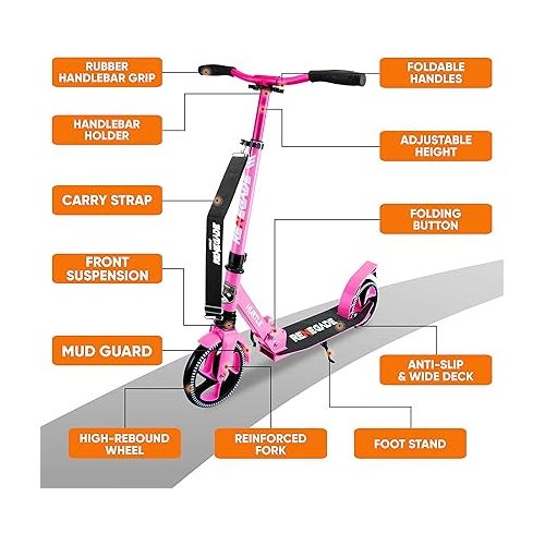  Hurtle Renegade Kick Scooters for Kids Teenagers Adults- 2 Wheel Kids Scooter with Adjustable T-Bar Handlebar - Alloy Anti-Slip Deck - Portable Folding Scooters for Kids with Carrying Strap