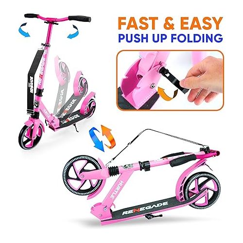  Hurtle Renegade Kick Scooters for Kids Teenagers Adults- 2 Wheel Kids Scooter with Adjustable T-Bar Handlebar - Alloy Anti-Slip Deck - Portable Folding Scooters for Kids with Carrying Strap