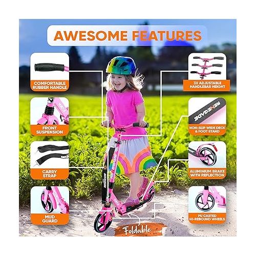  Hurtle Renegade Kick Scooters for Kids Teenagers Adults- 2 Wheel Kids Scooter with Adjustable T-Bar Handlebar - Alloy Anti-Slip Deck - Portable Folding Scooters for Kids with Carrying Strap