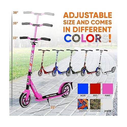  Hurtle Renegade Kick Scooters for Kids Teenagers Adults- 2 Wheel Kids Scooter with Adjustable T-Bar Handlebar - Alloy Anti-Slip Deck - Portable Folding Scooters for Kids with Carrying Strap