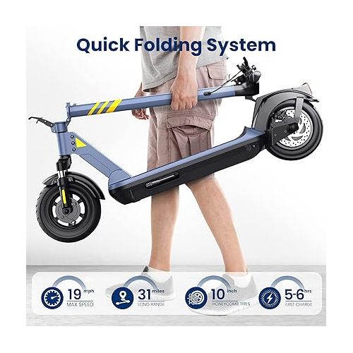  Hurtle Folding Electric Scooter - 10” Honeycomb Tires, 25 Miles Range, 19 MPH Max Speed, 500W 36V Brushless Motor Escooter with App Control, E-ABS Front Drum & Rear Disc Brakes, E-Scooter for Adult