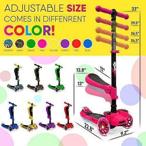  Hurtle 3 Wheeled Scooter for Kids - Stand & Cruise Child/Toddlers Toy Folding Kick Scooters w/Adjustable Height, Anti-Slip Deck, Flashing Wheel Lights, for Boys/Girls 2-12 Year Old