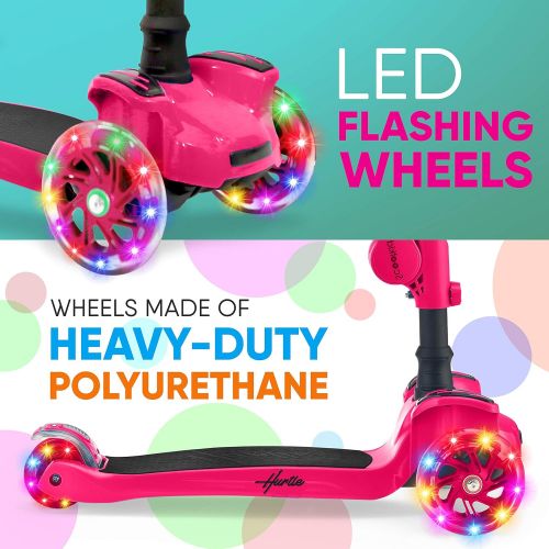  Hurtle 3 Wheeled Scooter for Kids - Stand & Cruise Child/Toddlers Toy Folding Kick Scooters w/Adjustable Height, Anti-Slip Deck, Flashing Wheel Lights, for Boys/Girls 2-12 Year Old