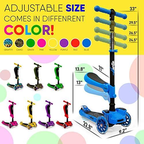  Hurtle 3-Wheeled Scooter for Kids - Wheel LED Lights, Adjustable Lean-to-Steer Handlebar, and Foldable Seat - Sit or Stand Ride with Brake for Boys and Girls Ages 1-14 Years Old