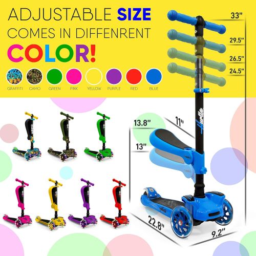  Hurtle 3-Wheeled Scooter for Kids - Wheel LED Lights, Adjustable Lean-to-Steer Handlebar, and Foldable Seat - Sit or Stand Ride with Brake for Boys and Girls Ages 1-14 Years Old