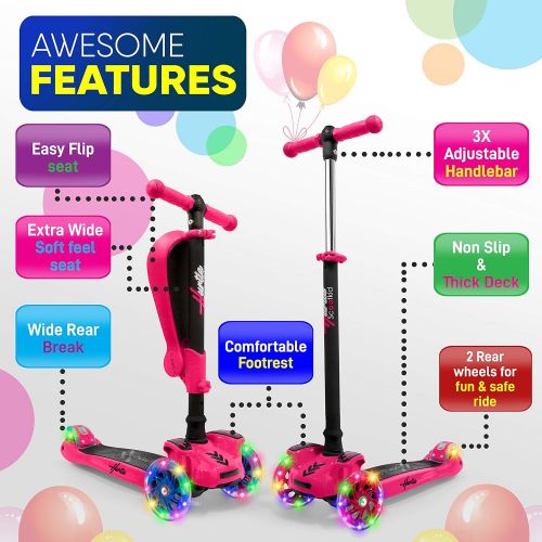  Hurtle 3-Wheeled Scooter for Kids - Wheel LED Lights, Adjustable Lean-to-Steer Handlebar, and Foldable Seat - Sit or Stand Ride with Brake for Boys and Girls Ages 1-14 Years Old