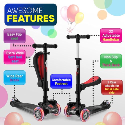  Hurtle 3 Wheeled Scooter for Kids - Stand & Cruise Child/Toddlers Toy Folding Kick Scooters w/Adjustable Height, Anti-Slip Deck, Flashing Wheel Lights, for Boys/Girls 2-12 Year Old - Hurt