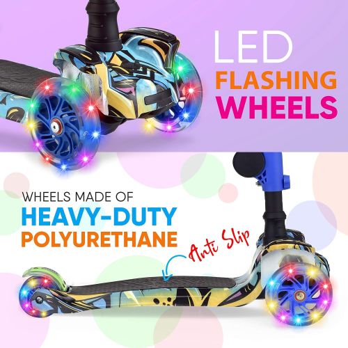  Hurtle 3 Wheeled Scooter for Kids - Stand & Cruise Child/Toddlers Toy Folding Kick Scooters w/Adjustable Height, Anti-Slip Deck, Flashing Wheel Lights, for Boys/Girls 2-12 Year Old - Hurt