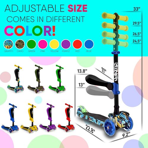  Hurtle 3 Wheeled Scooter for Kids - Stand & Cruise Child/Toddlers Toy Folding Kick Scooters w/Adjustable Height, Anti-Slip Deck, Flashing Wheel Lights, for Boys/Girls 2-12 Year Old - Hurt