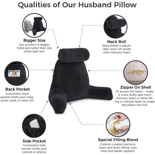  Husband Pillow - Black Big Reading & Bed Rest Pillow with Arms - Sit Up Tall with Premium Shredded Memory Foam, Detachable Neck Roll, Removable Plush Covers & Zipper Shell for Adju