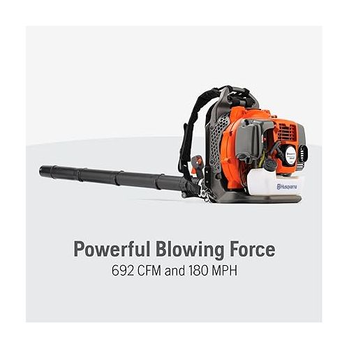  Husqvarna 350BT Gas Leaf Blower, 50.2-cc 2.1-HP 2-Cycle Backpack Leaf Blower with 692-CFM, 180-MPH, 21-N Powerful Clearing Performance and Ergonomic Harness System