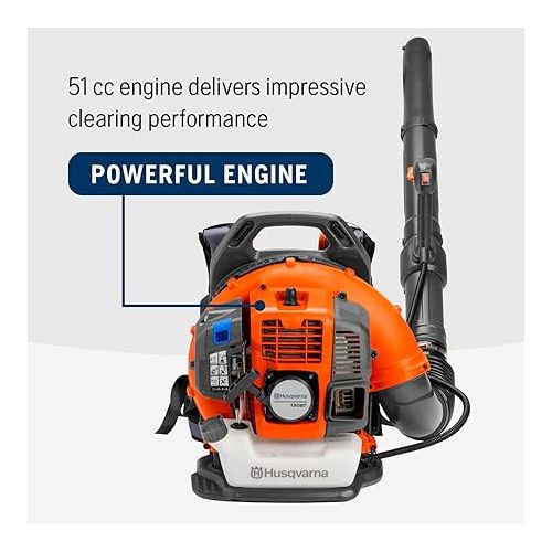  Husqvarna 150BT Gas Leaf Blower, 51-cc 2.16-HP 2-Cycle Backpack Leaf Blower, 765-CFM, 270-MPH, 22-N Powerful Clearing Performance and Ergonomic Harness System