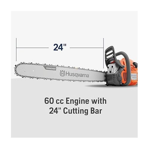  Husqvarna 460 Rancher Gas Powered Chainsaw, 60.3-cc 3.6-HP, 2-Cycle X-Torq Engine, 24 Inch Chainsaw with Automatic Adjustable Oil Pump, For Wood Cutting, Tree Trimming and Land Clearing