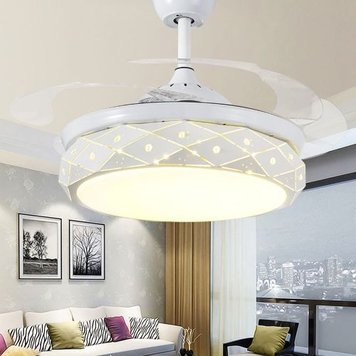  Huston Fan Nordic White Bedroom Chandelier Fan 42 Inch Simple Fandelier Retractable Ceiling Fan LED Three Color Change-White,Warm,Neutral,Three Gear Speed,Timing Design,Two Down Ro