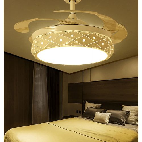  Huston Fan Nordic White Bedroom Chandelier Fan 42 Inch Simple Fandelier Retractable Ceiling Fan LED Three Color Change-White,Warm,Neutral,Three Gear Speed,Timing Design,Two Down Ro