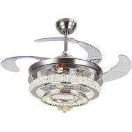 Huston Fan 42 Inch Two Circle Crystal Petal Pendant Fandelier Ceiling Lights With 4 Acrylic Retractable Blade Silver Chandelier Fan Indoor Bedroom LED Lamp Three Color Change,Two D