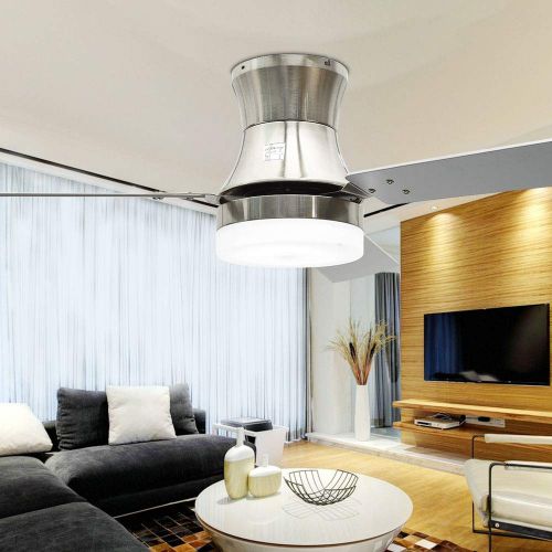  Huston Fan Silver Modern Simple 52 Inch Fandelier Ceiling Fan Light LED Lamp With 3 Reversible blade Indoor Remote LED Lamp for Restaurant Living Room Dining Room,Two Down Rod,Not