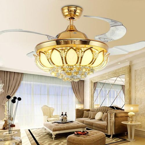  Huston Fan Luxury Modern Chandelier Fan with 4 Acrylic Retractable Blade for Indoor Dining Living Bedroom Hall,Invisible Crystal LED 3 Color Change-White Warm Natural,42 Inch Golde