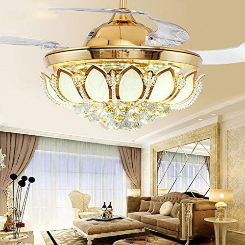  Huston Fan Luxury Modern Chandelier Fan with 4 Acrylic Retractable Blade for Indoor Dining Living Bedroom Hall,Invisible Crystal LED 3 Color Change-White Warm Natural,42 Inch Golde