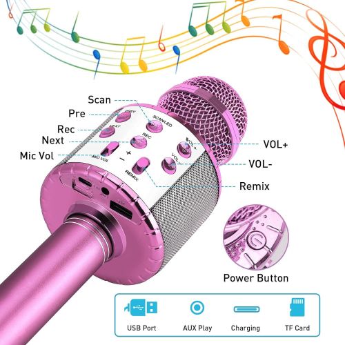  Huxspoo Kids Karaoke Microphone with LED Lights, Wireless Bluetooth Karaoke Microphone for Singing, 4 in 1 Portable Handheld Mic Speaker Machine, Great Gifts Toys for Girls Boys Adults All