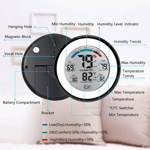  Hw  air humidifier Air humidifier Meter - Digital Hygrometer Indoor Outdoor Thermometer with Touch Screen and MAX/MIN Records for Home, Car, Office, Greenhouse, and Baby Room (Color : Black)
