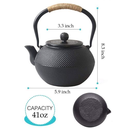  HwaGui Hwagui - Best Cast Iron Teapot With Infuser For Varieties Of Loose Leaf Tea, Tea Bags, Large Black Tea Kettle 1200ml/41oz