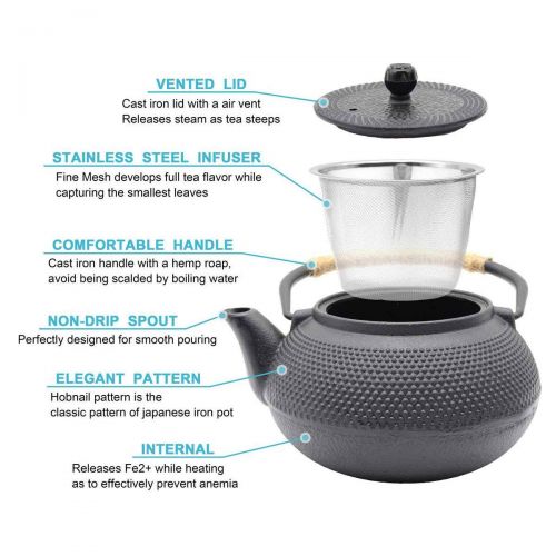  HwaGui Hwagui - Best Cast Iron Teapot With Infuser For Varieties Of Loose Leaf Tea, Tea Bags, Large Black Tea Kettle 1200ml/41oz