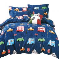 HyUkoa Boys Room Duvet Cover Set US Full Size, Hand Drawn Doodled Car Pattern Cartoonish Style Police Ambulance School Bus Car, Decorative 3 Piece Bedding Set(1pc Duvet Cover+2pc P