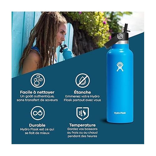  HYDRO FLASK - Water Bottle 621 ml (21 oz) with Flex Straw Cap - Vacuum Insulated Stainless Steel Reusable Water Bottle - Leakproof Lid - Hot and Cold Drinks - Standard Mouth - BPA-Free - Pacific