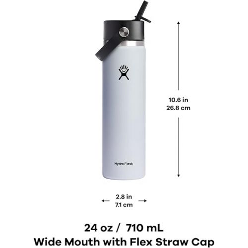  HYDRO FLASK Wide Mouth vacuum insulated stainless steel water bottle with leakproof closeable straw lid for cold water drinks, sports, travel, car and school