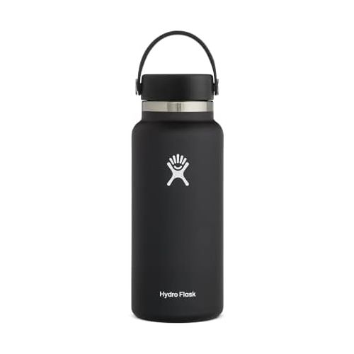  Hydro Flask Water Bottle - Stainless Steel & Vacuum Insulated - Wide Mouth 2.0 with Leak Proof Flex Cap - 32 oz, Black