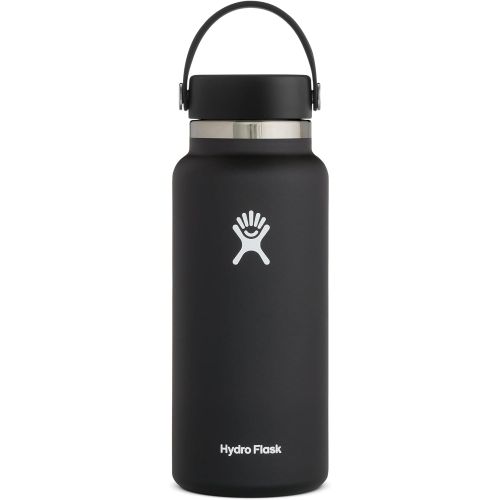  Hydro Flask Water Bottle - Stainless Steel & Vacuum Insulated - Wide Mouth 2.0 with Leak Proof Flex Cap - 32 oz, Black