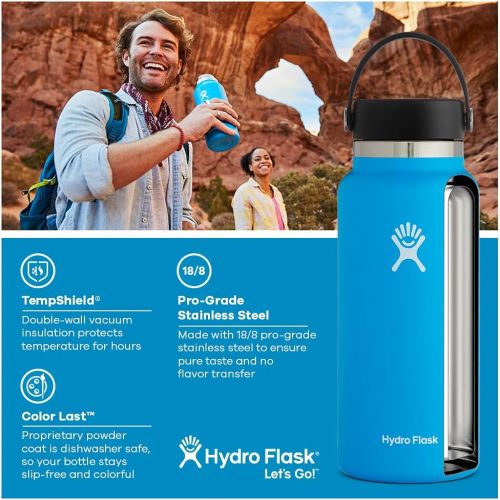  Hydro Flask Water Bottle - Stainless Steel & Vacuum Insulated - Wide Mouth 2.0 with Leak Proof Flex Cap - 32 oz, Black