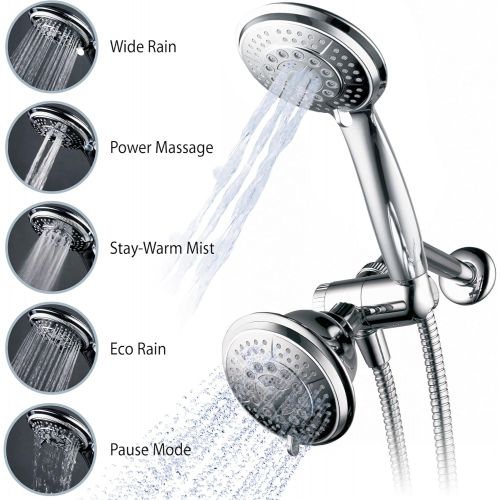  Hydroluxe 1433 Handheld Showerhead & Rain Shower Combo. High Pressure 24 Function 4 Face Dual 2 in 1 Shower Head System with Stainless Steel Hose, Patented 3-way Water Diverter in