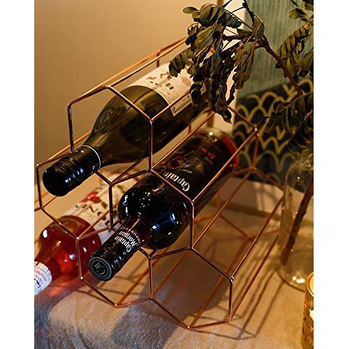  Hygge & Cwtch Geometric Hexagon Wine Storage Organizer Countertop Freestanding Rack - Electroplated Stainless Steel Honeycomb 6 Bottles Holder (Gold)