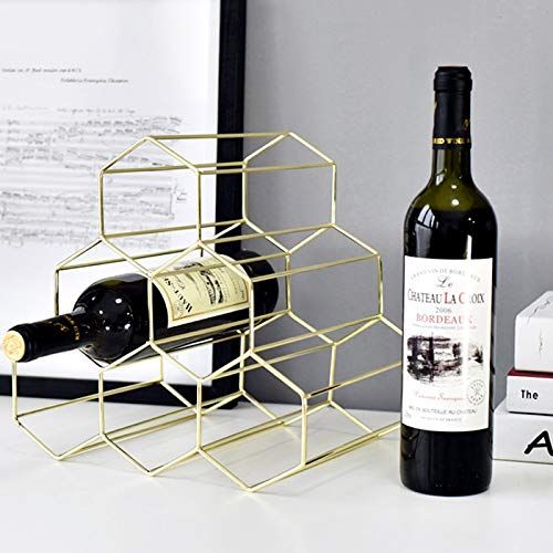  Hygge & Cwtch Geometric Hexagon Wine Storage Organizer Countertop Freestanding Rack - Electroplated Stainless Steel Honeycomb 6 Bottles Holder (Gold)