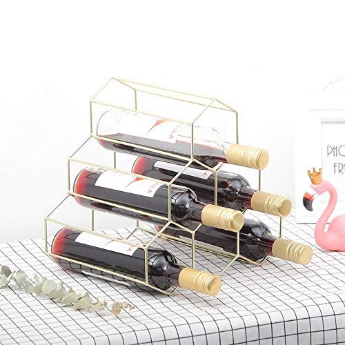  Hygge & Cwtch Geometric Hexagon Wine Storage Organizer Countertop Freestanding Rack - Electroplated Stainless Steel Honeycomb 6 Bottles Holder (Gold)