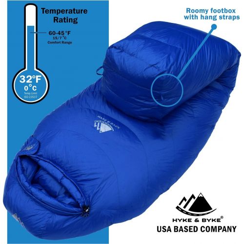  Hyke & Byke Shavano 32 Degree F 650 Fill Power Hydrophobic Down Sleeping Bag with ClusterLoft Base - Ultra Lightweight Men’s and Women’s Mummy Bag Designed for Summer Backpacking