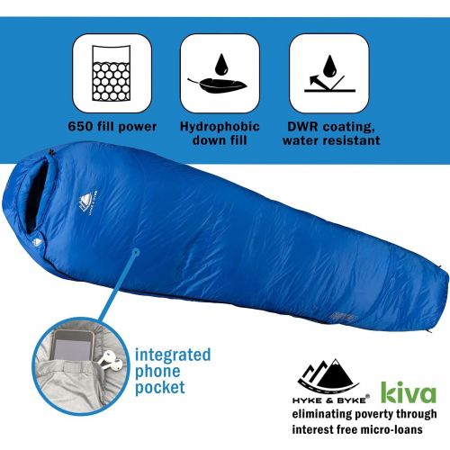  Hyke & Byke Shavano 32 Degree F 650 Fill Power Hydrophobic Down Sleeping Bag with ClusterLoft Base - Ultra Lightweight Men’s and Women’s Mummy Bag Designed for Summer Backpacking