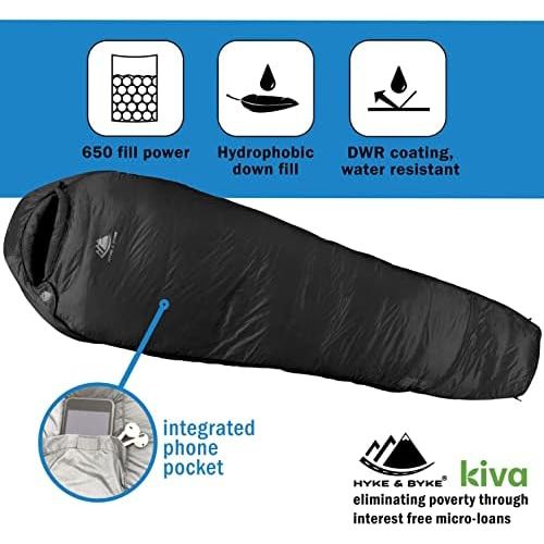  Hyke & Byke Snowmass 0 Degree F 650 Fill Power Hydrophobic Down Sleeping Bag with ClusterLoft Base - Ultra Lightweight 4 Season Men’s and Women’s Mummy Bag Designed for Cold Weathe