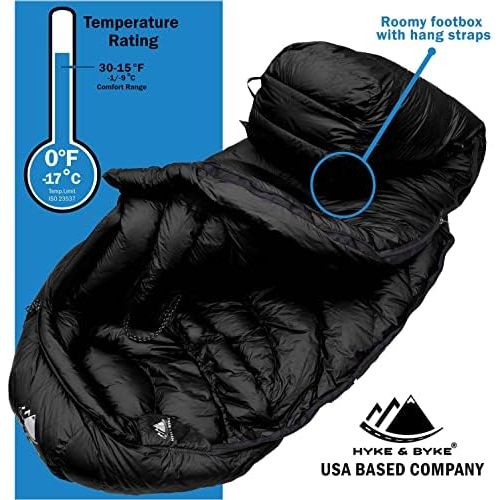  Hyke & Byke Snowmass 0 Degree F 650 Fill Power Hydrophobic Down Sleeping Bag with ClusterLoft Base - Ultra Lightweight 4 Season Men’s and Women’s Mummy Bag Designed for Cold Weathe