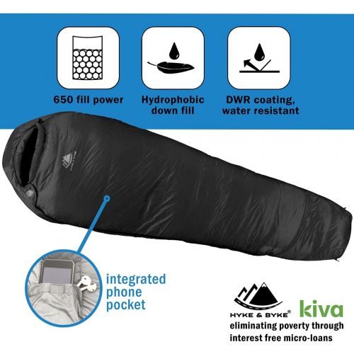  Hyke & Byke Snowmass 0 Degree F 650 Fill Power Hydrophobic Down Sleeping Bag with ClusterLoft Base - Ultra Lightweight 4 Season Men’s and Women’s Mummy Bag Designed for Cold Weathe