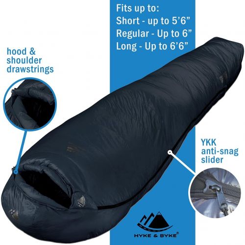  Hyke & Byke Snowmass 0 Degree F 650 Fill Power Hydrophobic Down Sleeping Bag with ClusterLoft Base - Ultra Lightweight 4 Season Men’s and Women’s Mummy Bag Designed for Cold Weathe